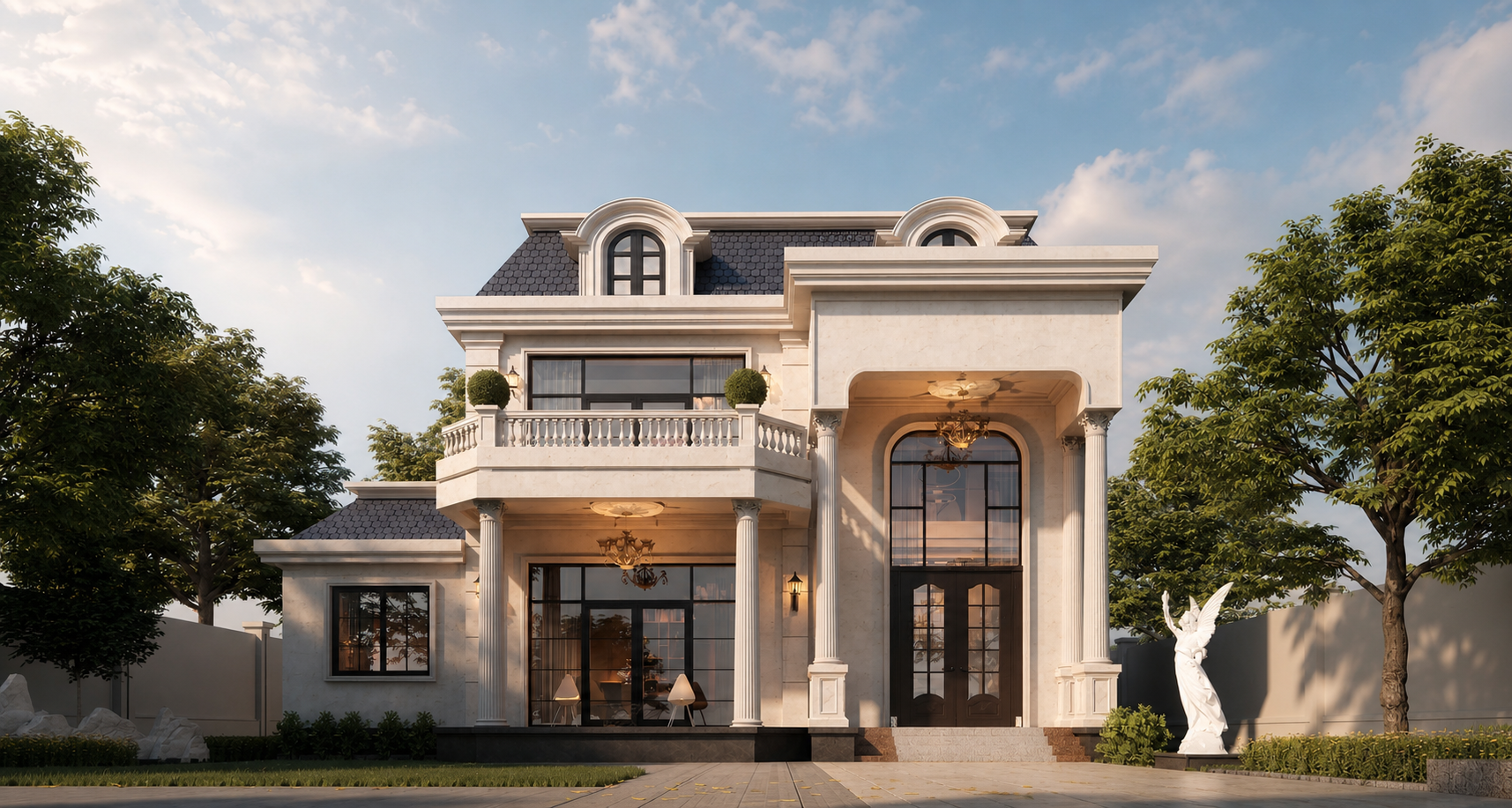 French windows installed on a luxury villa facade