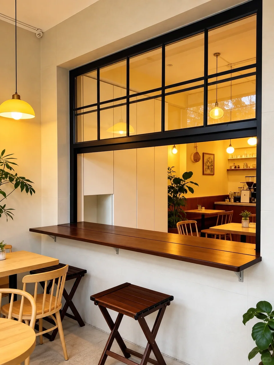 Black grid café pass-through window above a wooden serving counter