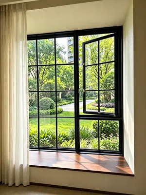 CW08 · Black — Garden-facing casement · timber-look sill