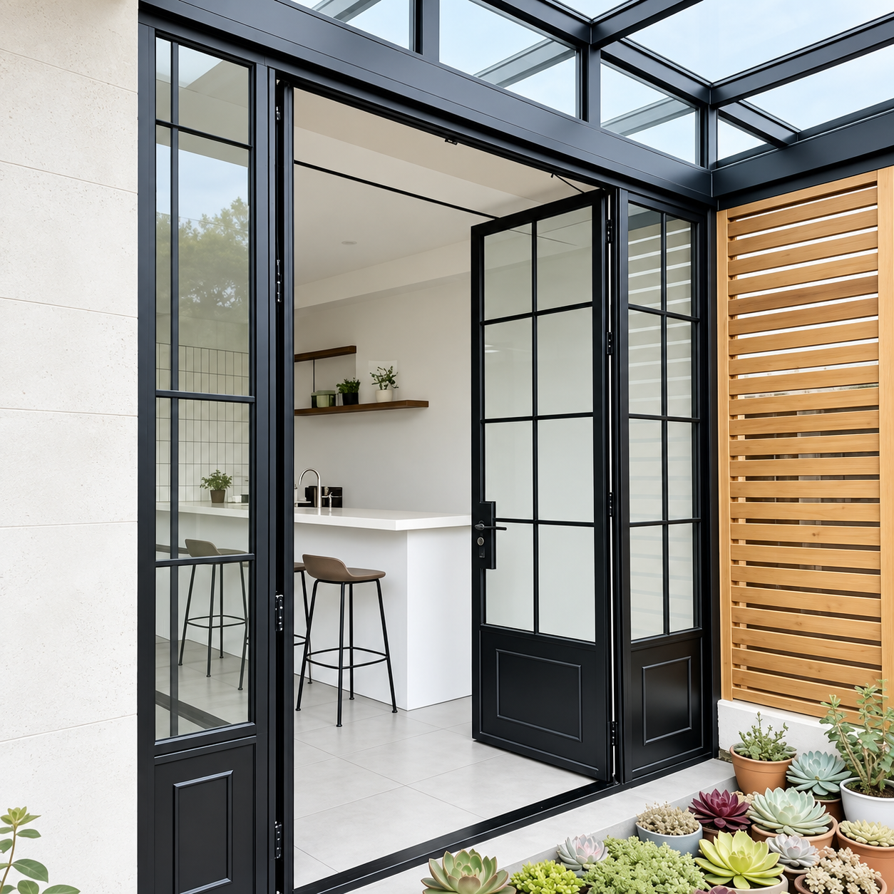 Black French glass doors connecting a kitchen and planted courtyard