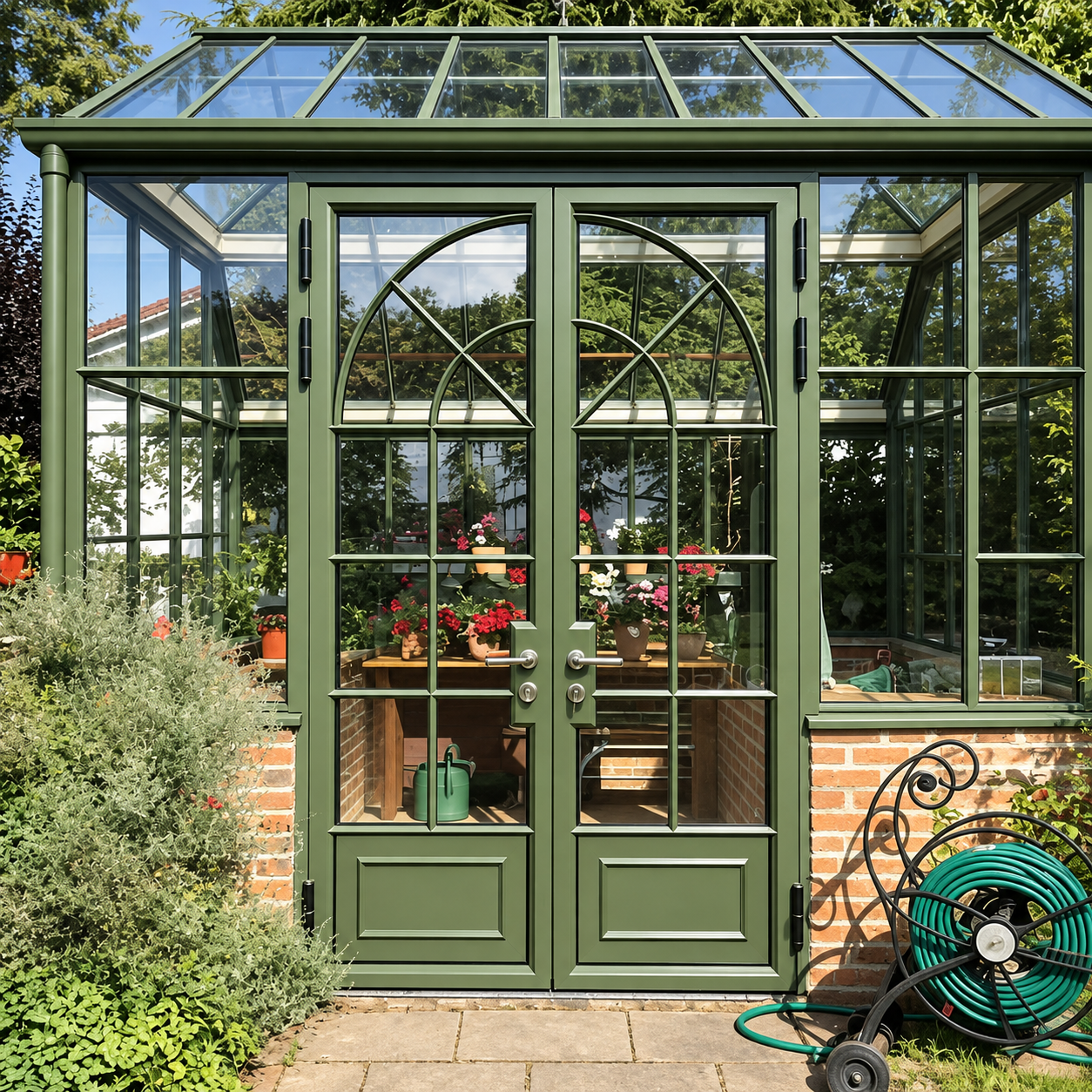 Olive-green glazed garden room with decorative French double doors