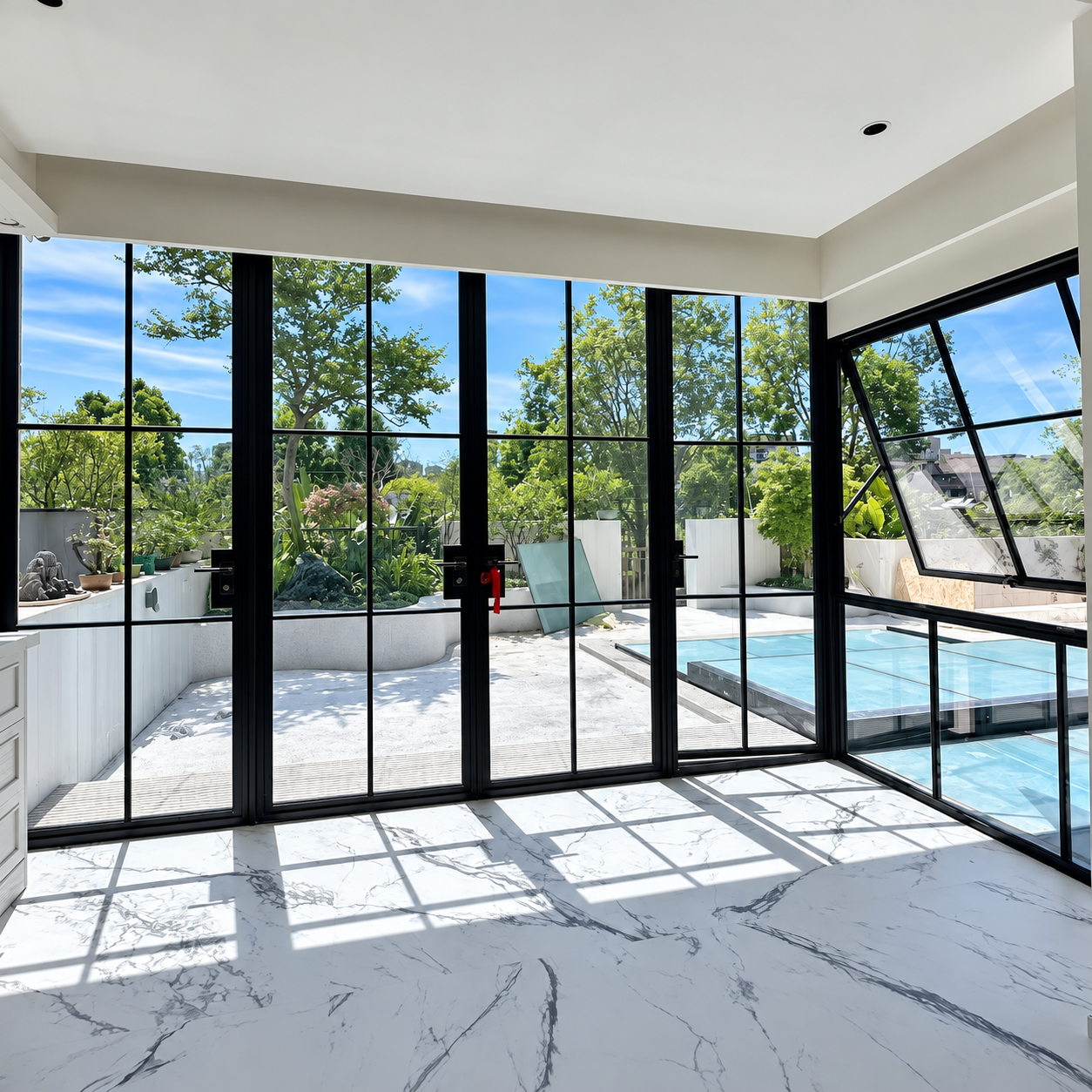 Full-height French windows and doors opening onto a sunny terrace