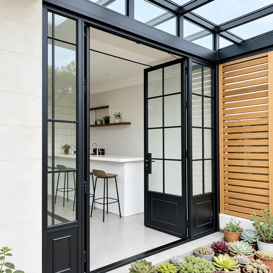 Black French exterior hinged door with grid glazing and fixed side panels