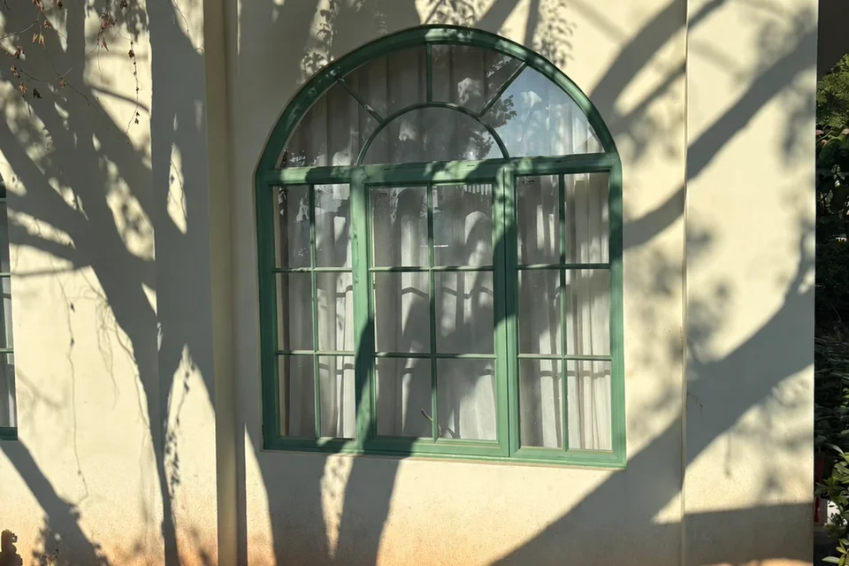 Green French-style divided-light doors and windows connecting a living room to a courtyard
