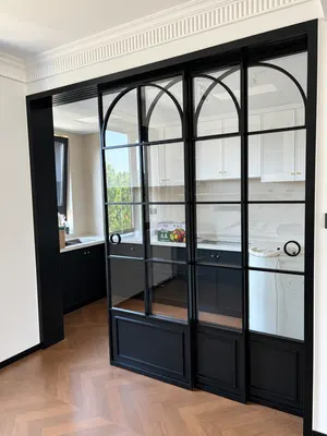 FS02 · Black · arched grid with panelled base — Sliding door style reference